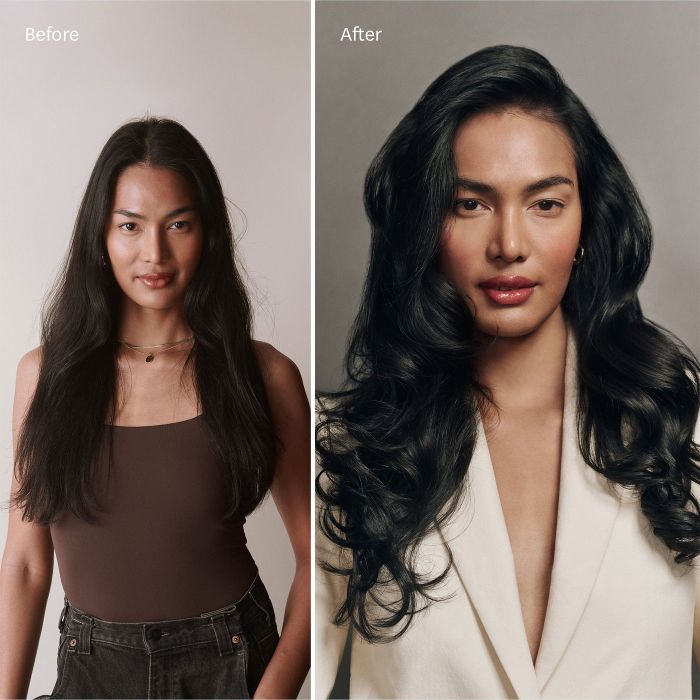 Before and after photos showing the transformation of a woman's hair.