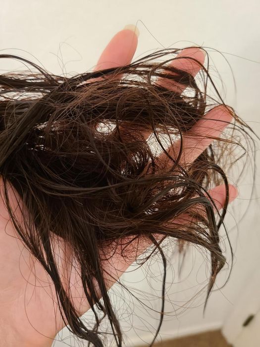 Close-up of a hand holding wet hair strands, likely during a haircut or styling session