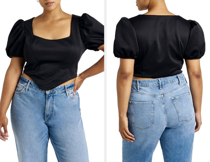 Two photos of a model wearing a corset top