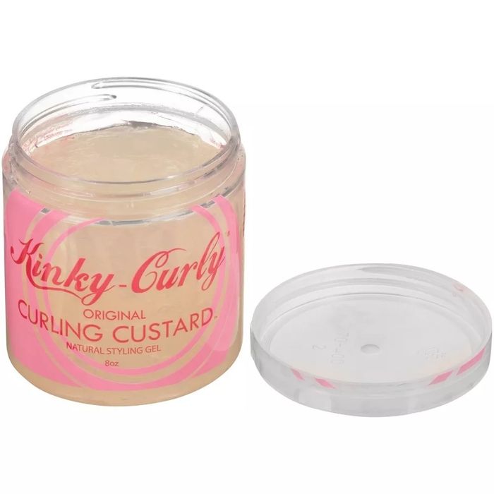 A jar of Kinky-Curly Original Curling Custard natural styling gel with the lid off, showcased for a shopping article