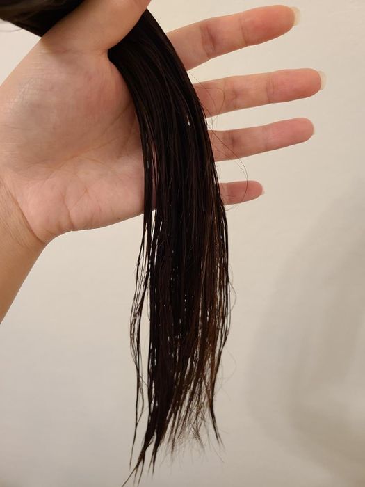 Person holding a bundle of wet, dark hair strands against a cream-colored background