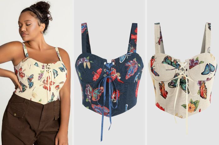 Three photos of the butterfly corset in navy and ivory