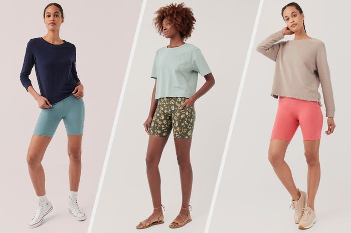 Three photos of models showcasing blue, camo, and pink biker shorts