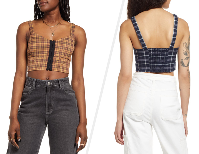 Two photos of models wearing plaid corset tanks