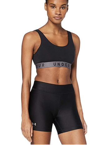 A model is seen wearing high-waisted black bike shorts that reach mid-thigh.