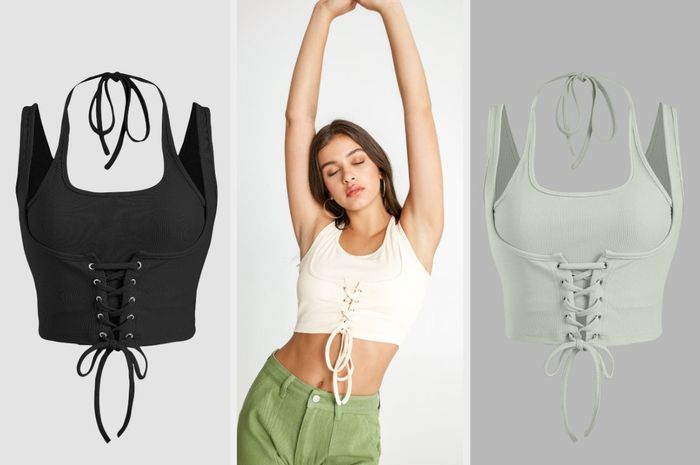 Three photos of black, ivory, and green tops
