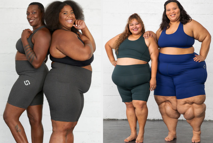 Two photos featuring four models dressed in gray, green, and blue biker shorts