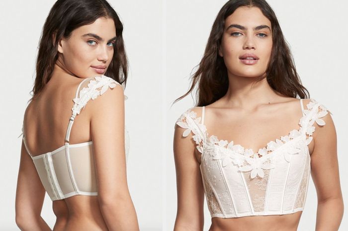 Two photos of models wearing a white corset top