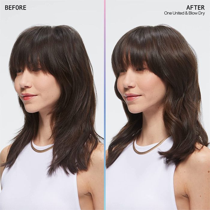 model with dry hair before and nourished, healthy-looking hair after using the product