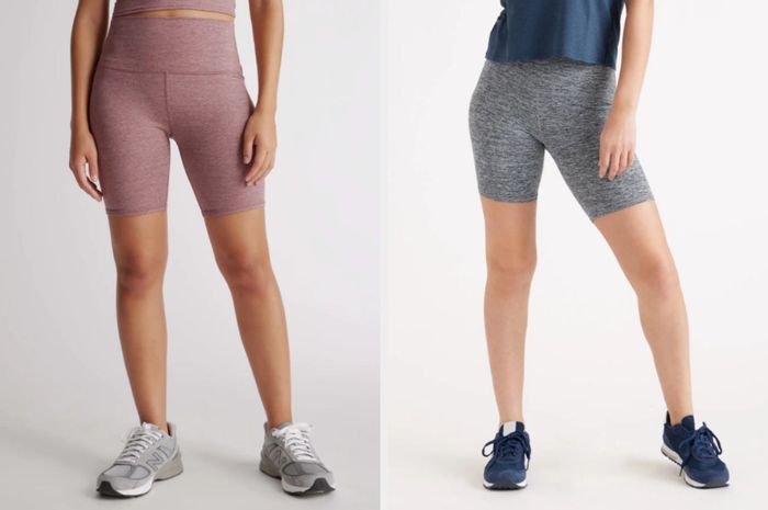Two photos showcasing models dressed in pink and gray biker shorts