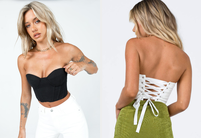Two photos of models showcasing black and white corset tops
