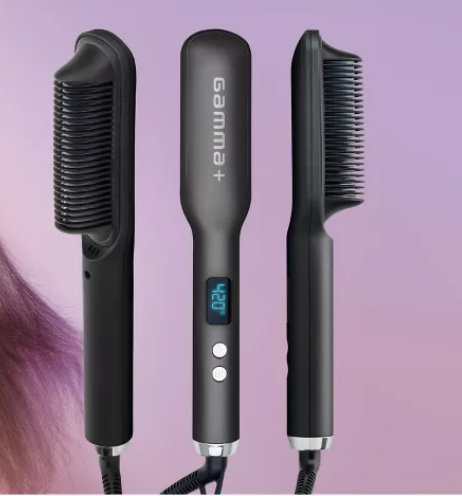 Gamma+ presents a stylish hair brush with a digital temperature display and ergonomic handle, perfect for fast and efficient hair straightening and styling.
