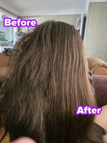 The reviewer's hair before and after using the detangling brush.