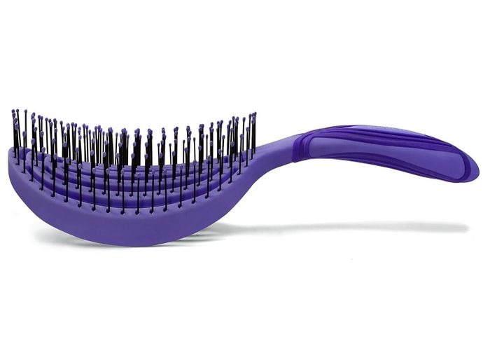 Curved detangling hairbrush with a long handle, designed for effortless styling and efficient hair detangling.