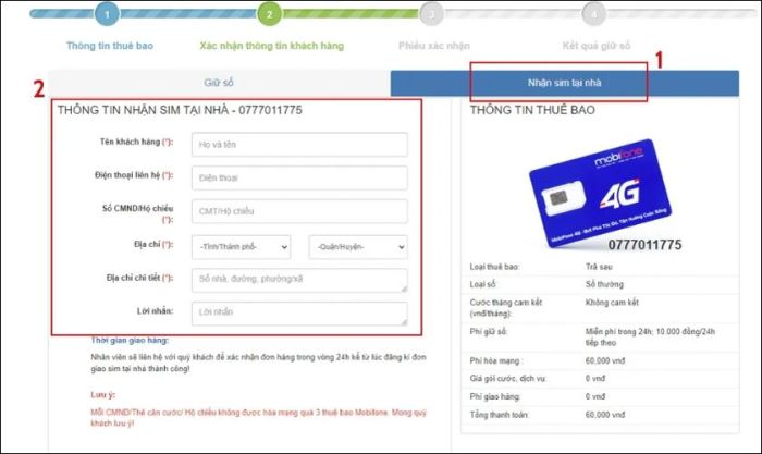 Chuyển sang ô Nhận sim tại nhà, nhấn Tiếp theo và chọn Tìm kiếm để tiếp tục.