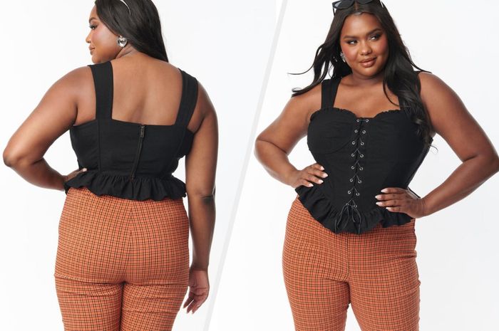 Two photos of a model wearing a black corset top with plaid pants