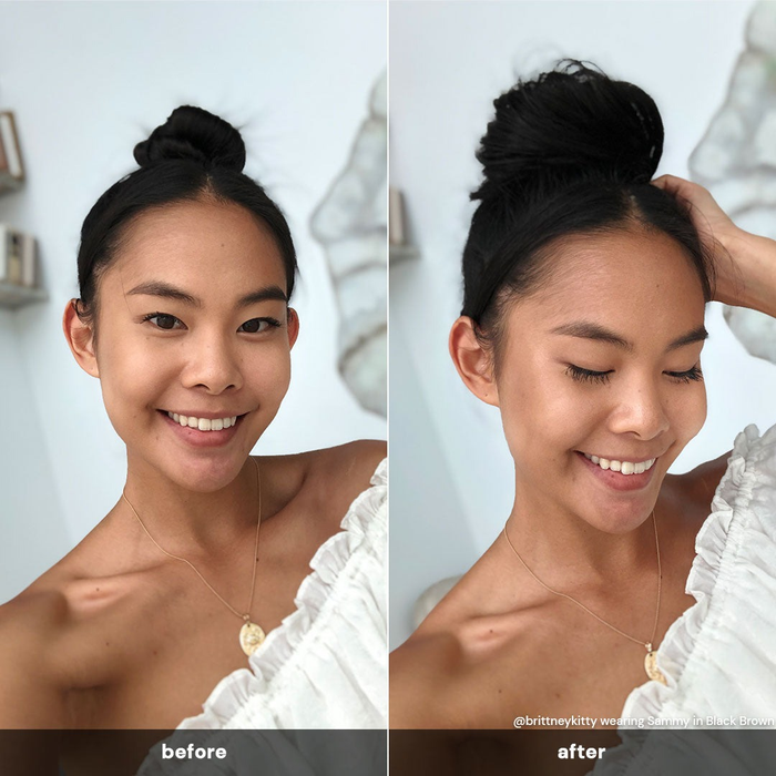 reviewer with a small bun before and a much fuller bun after using the product