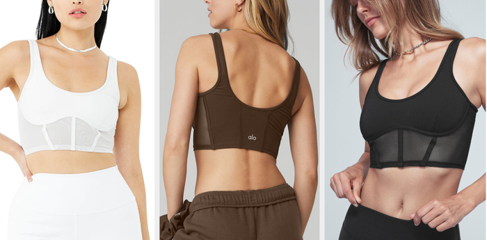 Three photos of models wearing white, brown, and black tops