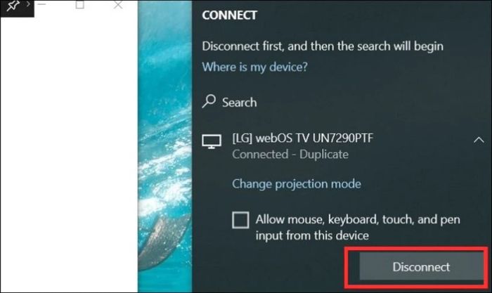 Chọn Disconnect để hủy kết nối giữa tivi và laptop qua Wifi.