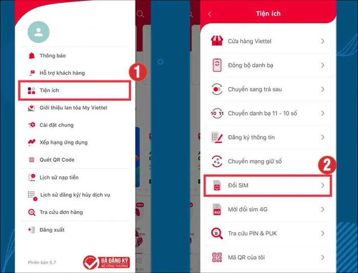 Chọn vào mục tiện ích và tiếp theo chọn đổi sim