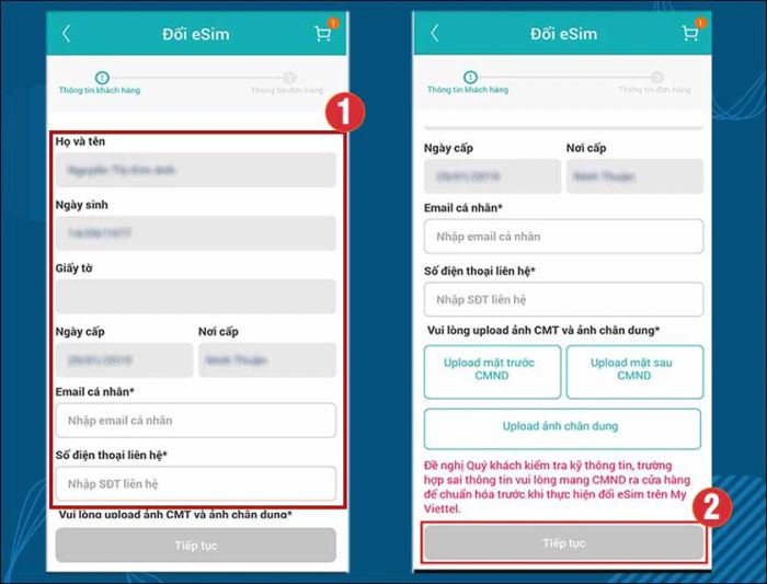 Điền thông tin cá nhân và nhấn tiếp tục để hoàn tất việc đăng ký eSIM Viettel online