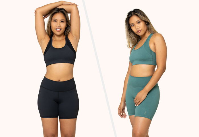 Two images of a model wearing black and turquoise biker shorts