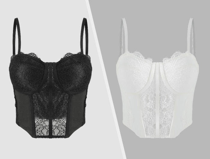 Two photos of black and white lace corset tops