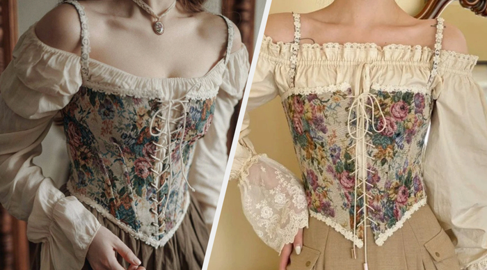 Two photos of models showcasing the floral corset