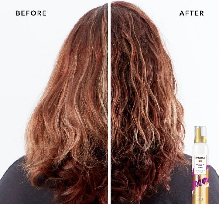 A before-and-after image showcasing the effects of Pantene anti-frizz mousse on long, textured hair, emphasizing smoothness and shine after use
