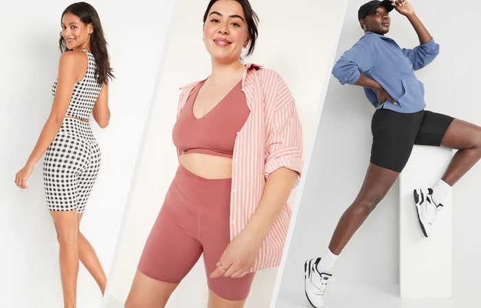 Three photos of models wearing black and white, pink, and black biker shorts