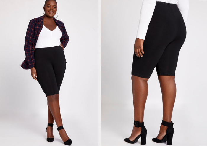 Two photos of a model wearing black biker shorts paired with black heels