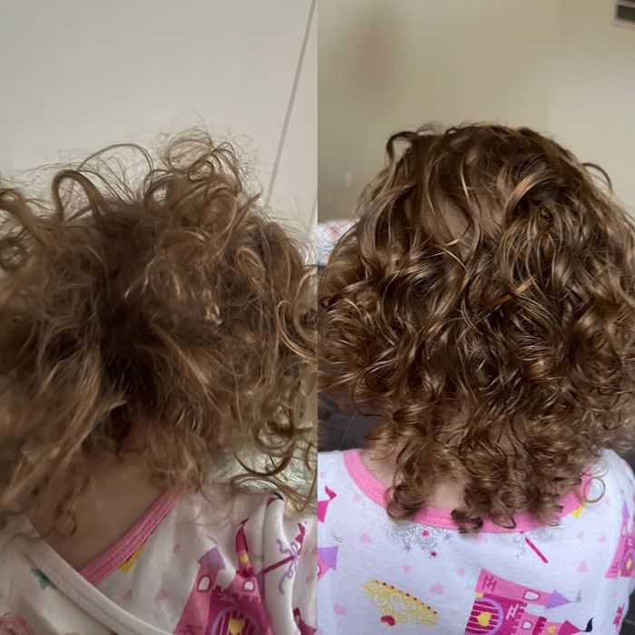Before and after shots of a reviewer's hair using the leave-in conditioner