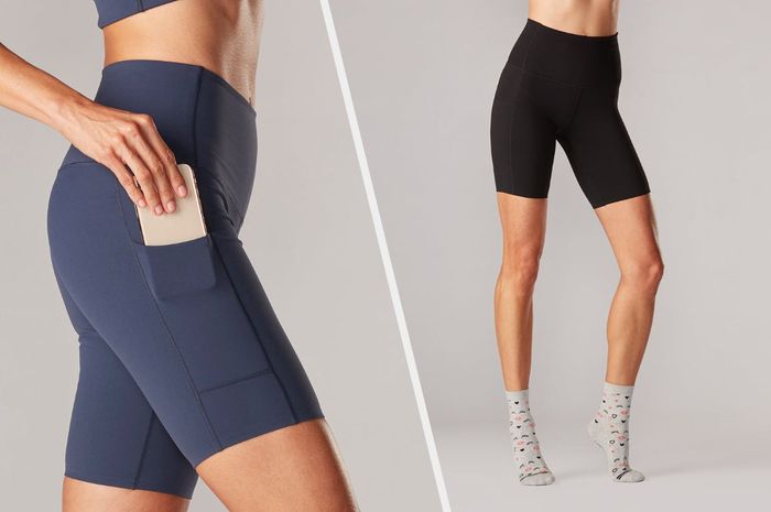 Two photos of a model wearing blue and black biker shorts