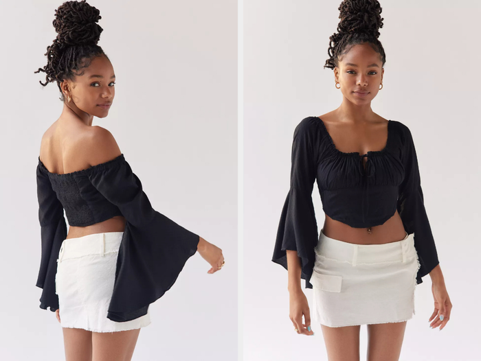 Two photos of a model wearing a black corset top paired with a white skirt