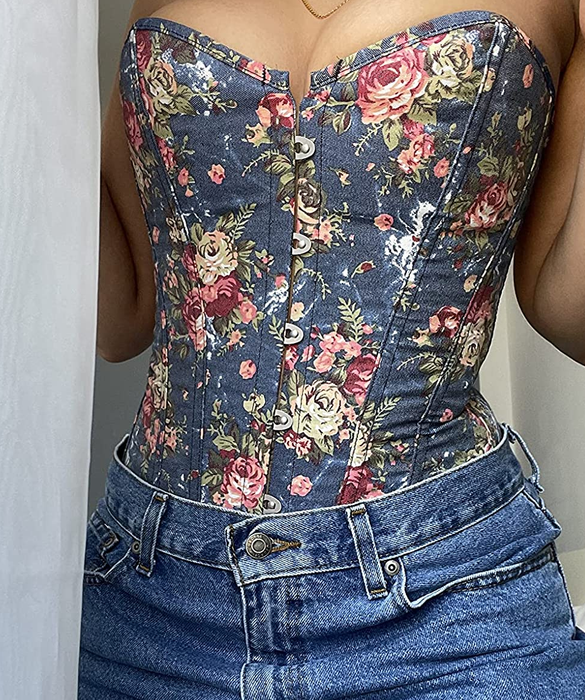 Photo of reviewer showcasing a navy corset