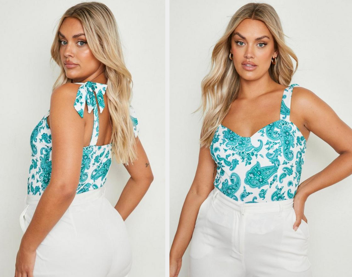 Two photos of a model wearing a blue and white top