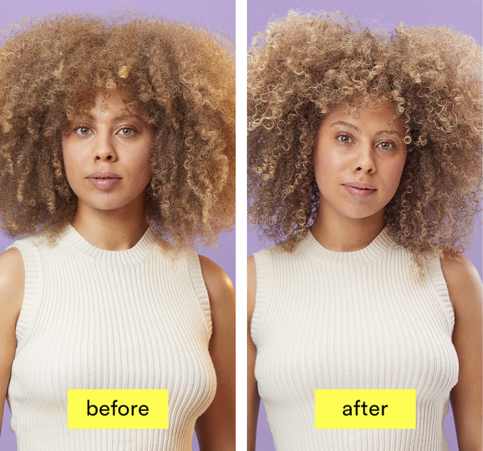 Transformation photos of a model using a purple-toning hair mask