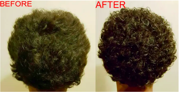 A comparison image of a reviewer's hair, showing brushed-out strands alongside beautifully defined curls achieved with the gel
