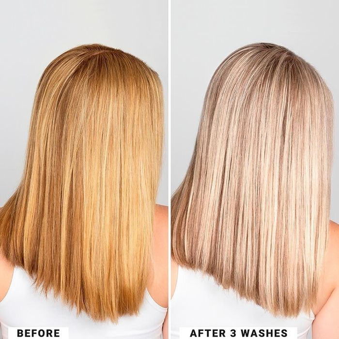 Results of the hair product: Two side-by-side images show the back of a woman’s head, demonstrating the hair color transformation after three washes