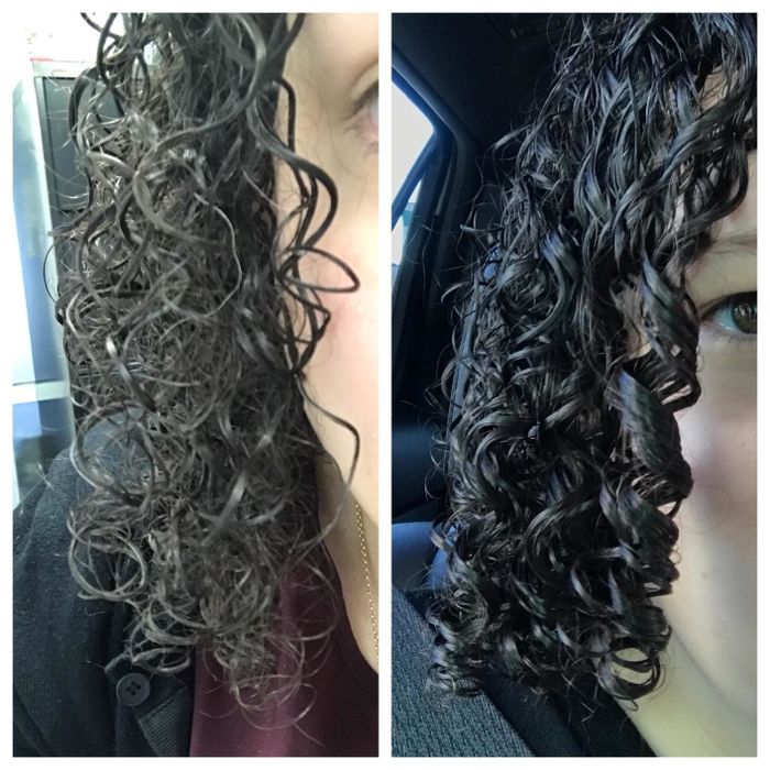 A reviewer demonstrating the before-and-after results of using the brush, with their curls perfectly preserved