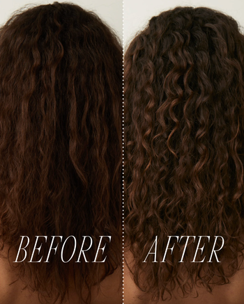 a before-and-after photo of a model with limp curls transforming into defined, bouncy curls