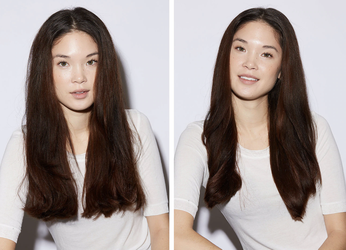 A model’s before photo with frizzy long hair and an after photo with smooth, frizz-free hair post-product use