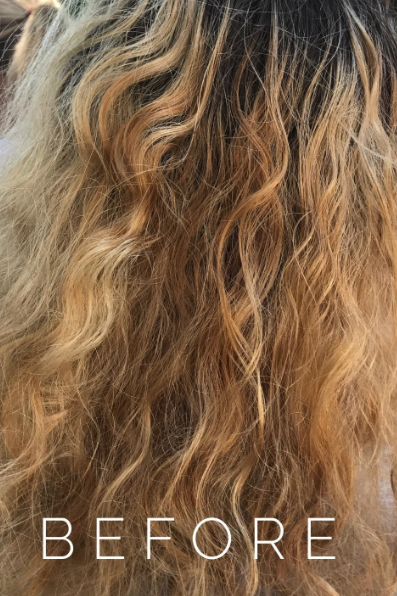 A review photo showing hair before using the product, with frizz and undefined curls