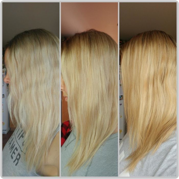 Another reviewer's progression photos showing the shampoo effectively removed yellow brassiness from their blonde hair