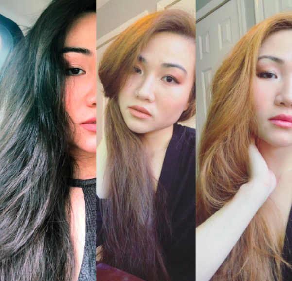 Three images of a reviewer gradually lightening their hair from brown to a soft strawberry blonde