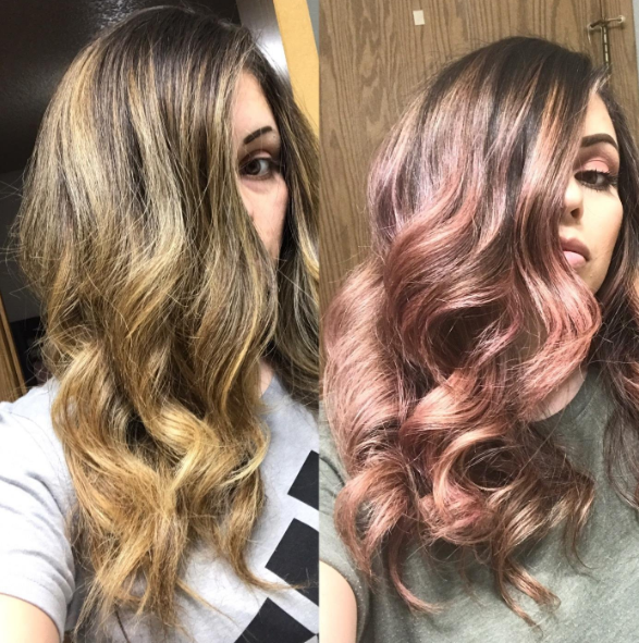 A reviewer’s before and after photos displaying brown and golden hair in the first image, followed by maroon and pink hair in the second