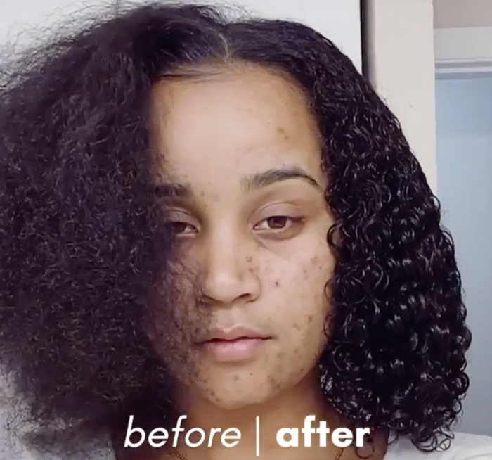 a model's afro transitions from frizzy and unkempt in the before photo to sleek and well-defined in the after