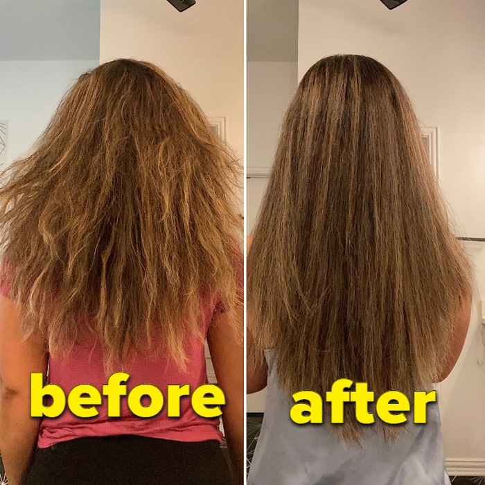a transformation photo showing frizzy hair turning smooth and sleek