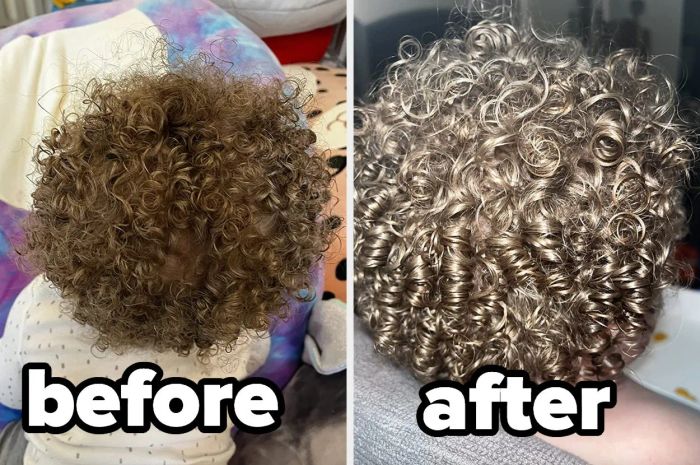 Before and after image of a reviewer's hair with more defined curls after using the product
