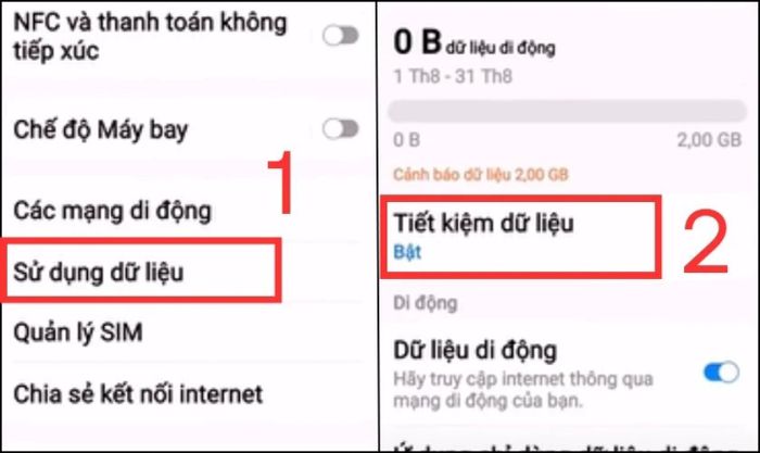Vào phần Kết nối trong Cài đặt và chọn mục Sử dụng dữ liệu